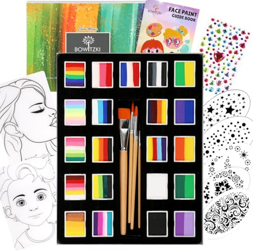 Bowitzki 21 Color Split Cake Face Paint Set Professional Face Painting Kit Kids Adults 10g One Stroke Stencil Brush Practice Board Guide Book Non Toxic Rainbow Body Makeup Halloween Christmas Easter