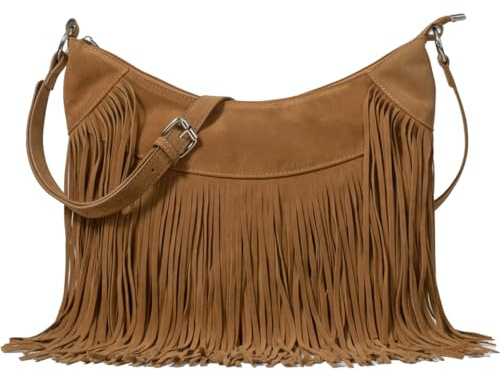 Sunwel Fashion - Bolso tipo hobo con flecos para mujer, bolso de hombro de gamuza vegana con borlas, cruzado de estilo hippie, Marrón