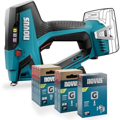 NOVUS TOOLS Juego de grapadora de batería J-551 con 9.800 grapas, para grapas de alambre plano de 6-14 mm y clavos de 16 mm, compatible con batería CAS de iones de litio de 18 V, sin batería ni