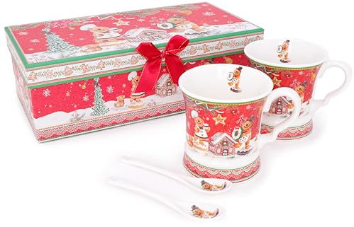Christmas Concepts® Gamme de Vaisselle en céramique de Luxe en Pain d'épices - Ensemble de Tasses et cuillères en céramique de 2 x 9,4 oz avec boîte-Cadeau décorative Assortie