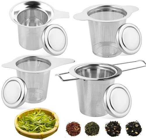 4 x Teesieb für Losen Tee aus Edelstahl, Teefilter für Tee mit Deckel und Sieb, Feines Tea Strainer mit Faltbare Griffe Teeei für Teekanne Tasse Becher, Spülmaschinenfest