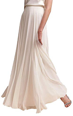 AiberLisha Long Maxi Floor Lengh Chiffon Skirt Elastic High Waist Bridesmaid Skirt Ivory XL-XXL
