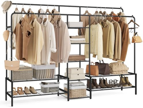 SONGMICS Kleiderständer, offener Kleiderschrank, Garderobenständer mit 9 Ablagen, Metallrahmen, Kleiderstange, für Schlafzimmer, Wohnzimmer, Eingangsbereich, schwarz HSR183B01