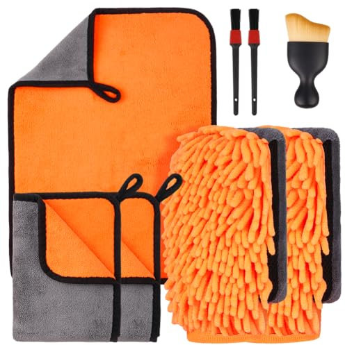 flintronic Autopflege Set 8 Stück, mit 3 Trockentuch & 2 Waschhandschuh Auto & 3 Innenreinigung Bürsten, 600GSM Mikrofasertücher Auto, Poliertücher Trokentuch für Polieren Trocknen