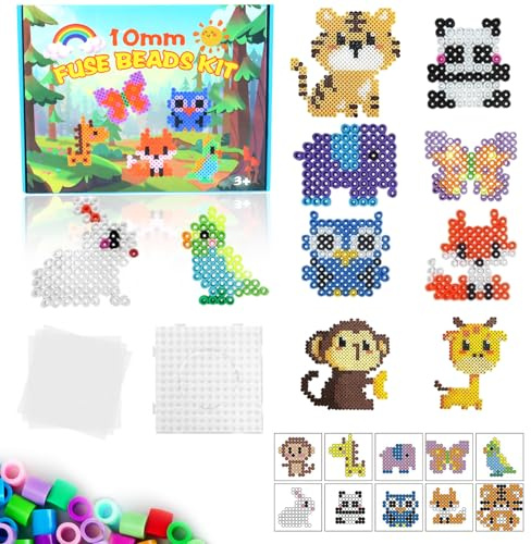 Set Grande di Perline da Stirare 10mm, 1000 Pezzi XL con Base, 12 Colori Vari, 10 Modelli di Animali e Carta da Stiro, Kit Creativo per Bambini dai 3 Anni
