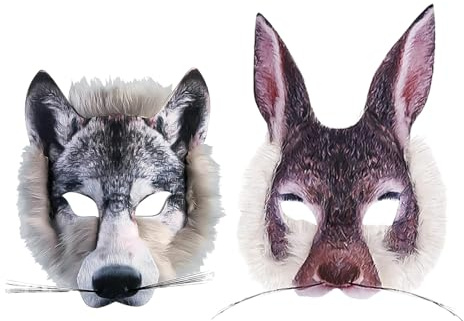 HDGSAFD 2 Morceaux De Masque Animal, Masque De Lapin Wolf, Masque Créatif À Demi-Face, Accessoires De Rôle, Masque Oculaire Amusant, Décoration De Masque De Mascarade.