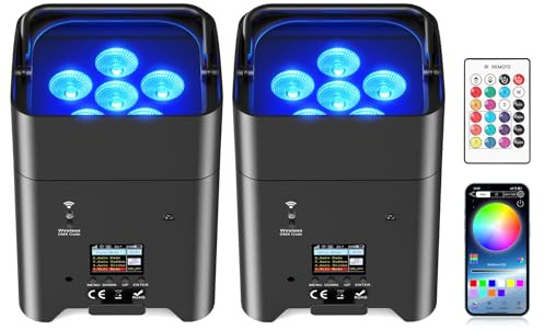 Oloaxolx 2 st batteri par LED-spotlights 6 x 18 W RGBWA+UV scenbelysning, batteri för utomhusbruk, uppladdningsbara med fjärrkontroll, 9 600 mAh/APP/DMX512 LED dj-lampor för bröllop DJ kyrka juldans