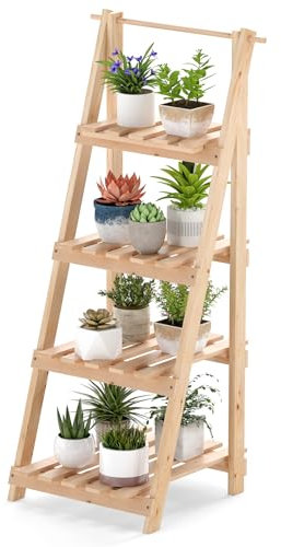 RELAX4LIFE Supporto per Piante in Legno di Abete, Scaffale a Gradini a 4 Livelli per Piante, Scaffale per Fiori Pieghevole, per Soggiorno, Balcone, Giardino, Ufficio, Interno ed Esterno, Naturale
