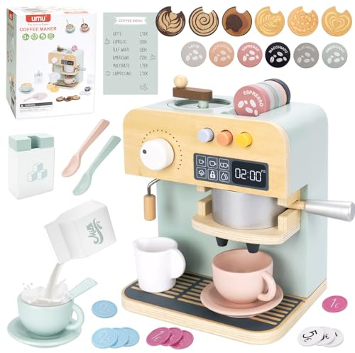 KKSJK Cafetera Juguete Niño, 35 Piezas Juguete Cocina Niños con Máquina de Café de Madera, Menús y Jugar Dinero, Accesorios Cocinita Infantil, Regalos Educativos Juegos de rol para Niñas y Niños 3+