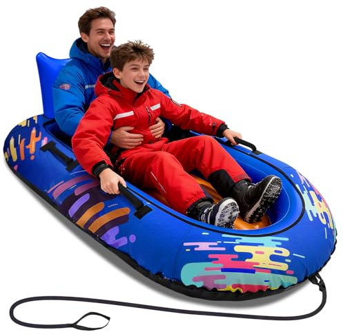 Snow Tube for Adults 2 Person, Heavy-Duty Inflatable Snow Sled with 600D Fabric Cover, Backrest, Tow Rope & Reinforced Handles, Hyperzoo Winter Toboggan–Ideal for Family & Friends