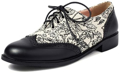 Zapatos Oxford Clásicos para Mujer con Estampado Floral Blanco y Negro Punta Redonda con Cordones Estilo Brogue Vintage Tacón Bajo Oficina o Casual,Negro,38 EU