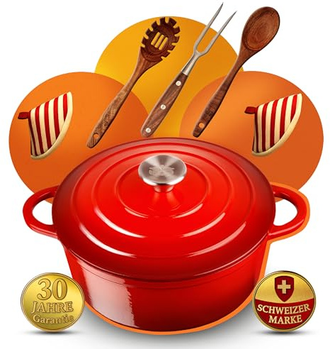 GUSSKÖNIGIN Gusseisen Bräter 26 cm – Dutch Oven & Emaille Schmortopf mit Deckel – Gusseisen-Topf und Emaille Topf für Induktion – Cocotte/Bräter & Schmortöpfe – Bratentopf mit 30 Jahre Garantie