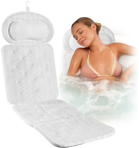 SculifyVita Bath Pillow - Non-Slip Luxury Head/Neck Support, 4D Air Mesh & 6 Suction Cups, Soft Bathtub Cushion Spa Gift (White full body)