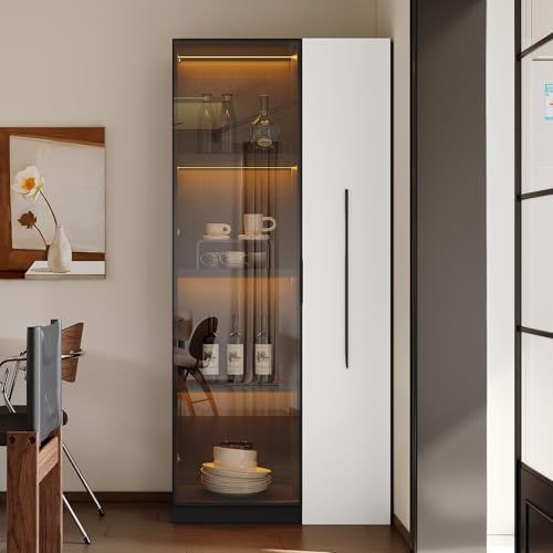 Kebnor Mobile multifunzionale alto 160 cm – libreria e vetrina con ante in vetro temperato, telaio in alluminio, 1 anta, 1 cassetto laterale, con rotelle e illuminazione a LED – vetrina