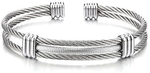 COOLSTEELANDBEYOND Men's Stainless Steel Cable Wire Cuff Bracelet With Twisted Rope Design, Minimalist Open Bangle, Adjutable, Two Strand Wrist Accessory