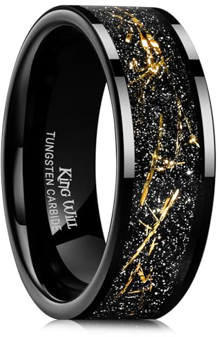 King Will 8mm Tungsten Carbide Ring for Men Black Wedding Band Sandstone Gold Foil Inlay High Polished-9