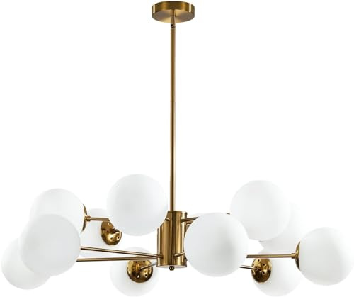 KCO Lighting Sputnik - Lámpara de araña de cristal de 12 luces, candelabros modernos de mediados de siglo, candelabro de latón cepillado, lámpara de techo de vidrio blanco leche