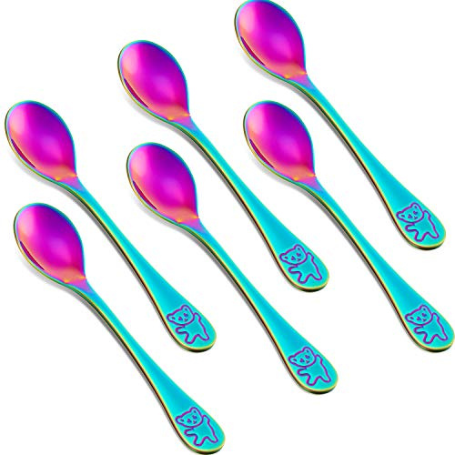 Boao 6 Pieces Kids Rainbow Spoons Stainless Steel Rainbow Toddler Cutlery Silverware Utensil Kids Child Safe Flatware for Home and Preschools
