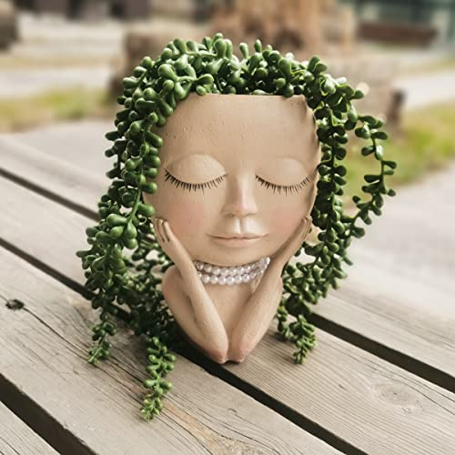 Luyi-Life Cute Girl Head Planter Pots Succulent Face Flower Pot Closed Eyes Resin Cactus Planter with Drainage Hole Indoor Outdoor Plant Pot for Home Office Decoration