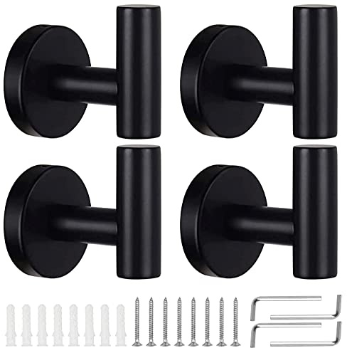 KissDate 4 Pack Towel Hooks, Wall Coat Hook Bathroom Robe Hook | Matte Black SUS 304 Stainless Steel Heavy Duty Door Hanger Clothes Cabinet Hook Shower Robe Hand Hooks for Bathroom