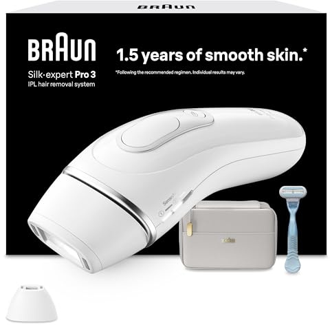 Braun IPL Silk·Expert Pro 3 at Home Hair Removal Device, Alternative for Laser Hair Removal, Includes Pouch, Venus Razor, Precision Head, 1 Year of Smooth Skin, Gift for Women, White/Silver, PL3121