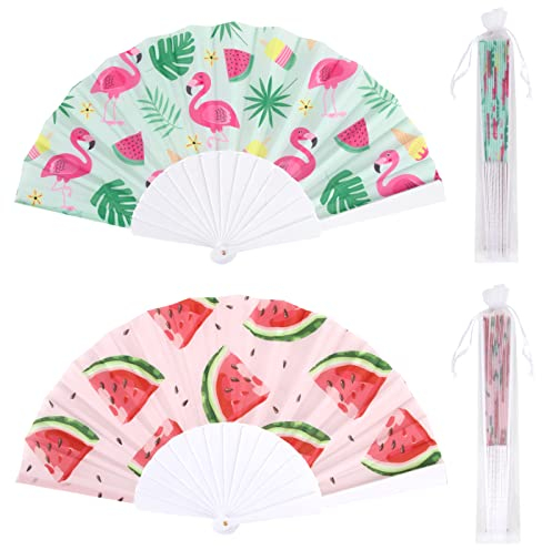 2Pcs Eventail Eté Plastique Mariage Pliant Eventail Flamant Rose Main Japonais Fan Ventilateur avec 2 Sacs Organza Cadeaux Invités Décoration Fête Hawaïenne Aloha Plage