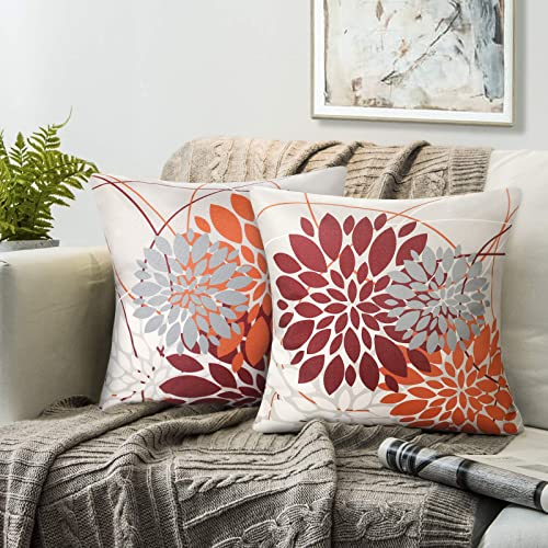 RYBornament Kissenbezug Rot Orange 40×40 Cushion Covers Kissenhülle Abstrakt Dahlie Blume Muster Kissenbezüge 2er-Set Leinen Kissenhüllen Für Wohnzimmer Garten Sofa Couch Kissen Dekor
