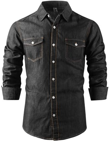 Tianerhay Homme Manches Longues Chemise en Jean pour Boutonné à Western Décontracté Flip Pocket Top 1 Black XL