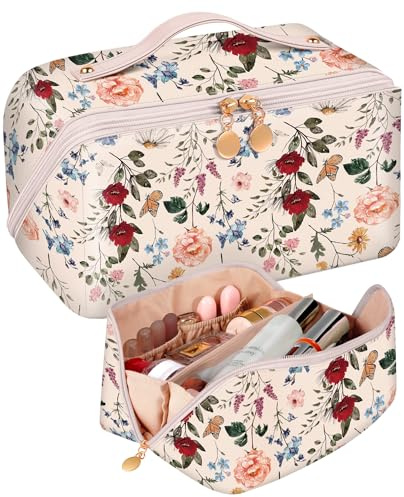Bistup Makeup Bag Travel Cosmetic Bag Toiletry Make Up Bags Cute Women Large Capacity Big Medium Leather Flower Floral Aesthetic Girl Teen Teenage Foldable Expandable Open Flat Zip