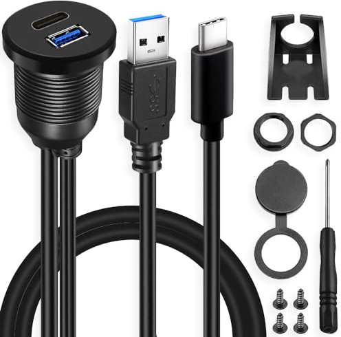 Xiatiaosann Type-C 3.0 & USB 3.0 Flush Mount Cable, USB-C and USB-A Ports Female to Male Panel Mount Extension Cable for Car, Boat or Motorcycle, with Car Flush Mount Accessory (3FT/1m)