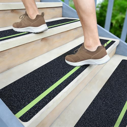 LifeGrip Anti Slip Traction Treads with Glow in Dark Stripe (10-Pack), 8 X 32, Best Grip Tape Grit Non Slip, Outdoor Non Skid Tape, High Traction Friction Abrasive Adhesive for Stairs Step