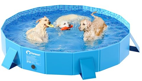 Peteast Foldable Dog Kiddie Pool with Stable Side Support, Hard Plastic Shell Portable Dog Pool, Collapsible Swimming Pools for Pet and Kids, 71 in
