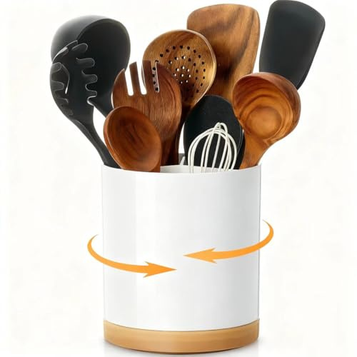 Meolibour Extra Large Porcelain Like Kitchen Cooking Utensil Holder, 360° Rotating Utensil Crock, 7.2 Unbreakable for Countertop, for Farmhouse Kitchen Decor with Rotatable and Detachable Base