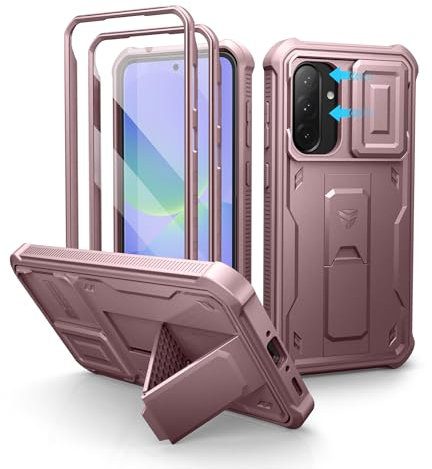 Dexnor pour Coque Samsung Galaxy A36【Double Cadre Avant et Support】 avec CaméRa Coulissante Intégrée & Protecteur d'écran, Coque de Protection Robuste Résistante Aux Chocs - Poudre Pivoine