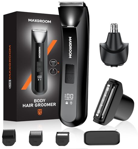 MAXGROOM Afeitadora Corporal Masculina 3 en 1, Depiladora Recargable con Luz LED Precisa, 100% Impermeable, Ideal para Barba, Axilas, Pecho, Piernas y Zonas Íntimas, Incluye Cortapelos Nasal, Negro
