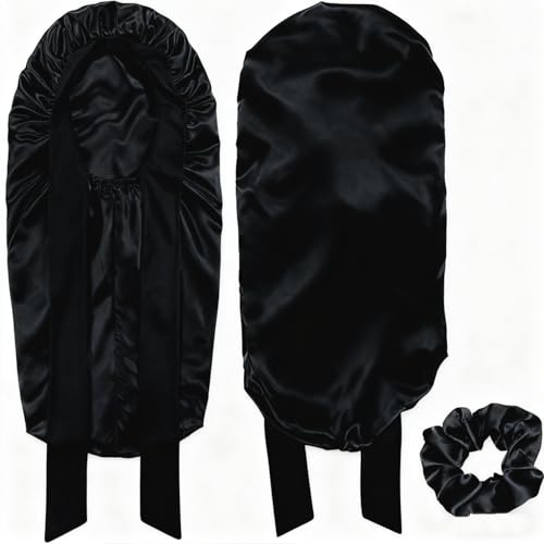 Bonnet en soie long pour dormir, bonnet de nuit en satin avec bande élastique, bonnet avec chouchou pour cheveux longs, lisses ou bouclés, pour femmes et filles (Noir)