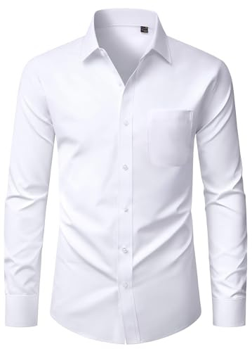 Alimens & Gentle White Shirt Men Dress Long Sleeve Slim Fit Stretch Formal Casual Button Down Shirts with Pocket M