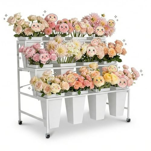 3 Tier Plant Stand with 12 Buckets, White Metal Flower Cart for Patio Garden Living Room, Rolling Flower Shelf Organizer, Stepped Flower Display Stand with Square ABS Plastic Pots, Indoor Outdoor Use, 240lbs Total Load