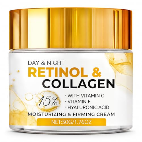 Retinol Cream, Collagen Cream, Face Moisturiser – 50g Day & Night Hydrating Firming Cream with Hyaluronic Acid, Vitamin C & E for Face, Neck, Women & Men