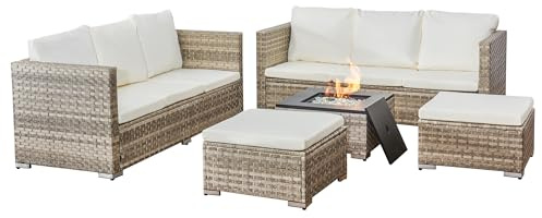 Aweather 8 Seater Rattan Garden Furniture Set, Patio Conversation Set,All Weather Rattan Corner Sofa Set with 2 3-seater Sofas,2 Ottomans & 1 CSA Certification Fire Pit Table