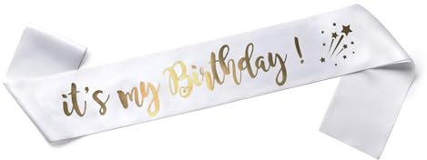 OMISS Schärpe It's My Birthday für Geburtstag auf Englisch – zum Tragen am Tag für Ihren Geburtstag (Weiß und Gold)