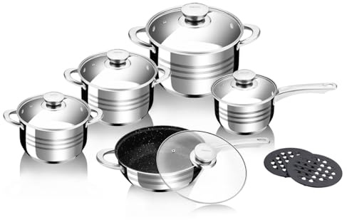 Swiss Pro+ Topfset 12-teilig - Edelstahl 12er Topf Set - Topf und Pfannenset mit u.a. Bratpfanne und Kochtöpfe - Silber