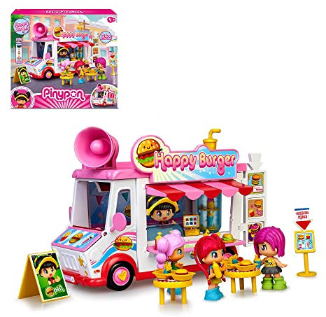 Pinypon - Happy Burger, Hamburger Foodtruck Playset Spielzeug Set mit vielen Spielmöglichkeiten, 1 Puppe, Zubehör und Aufbewahrungsfach, für Kinder ab 4 Jahren, Famosa (700017210)