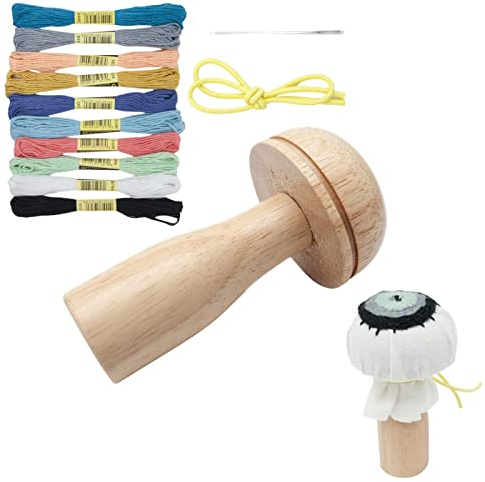 Lecerrot Darning Mushroom, Woven Mushroom, Wooden Darning Supplies Kit, Sewing Repair Patch Kit with Ten Threads, Weaving Tool Storage for Darning Socks, Sweaters, Pants, Hats, Scarves