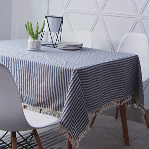 Novetec Rectangular Mantel Algodon Lino Rayas Borlas Mantel Lavables Resistentes al Aceite Antimanchas Manteles de Fácil Cuidado para Interior Exterior Jardín Comedor Fiesta y Celebraciones