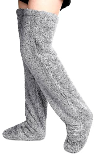 Peluche Overknee Calcetines Fluffy: Señoras Medias Puños Teddy Long Legwarmers Invierno cálido calcetines para dormir - Mujeres Calcetines invierno de la rodilla para dormir en casa (Gris claro)