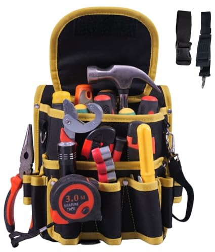 UXPEYIC Werkzeugtasche, kleine Werkzeugtasche mit Gürtel und Schultergurt, 9 Taschen Professionelle Elektriker Arbeitstasche Tischler Werkzeuggürtel, Schwarz & Gelb