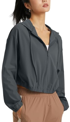 Wyeysyt Women's UPF 50+ UV Sun Protection Cropped Jackets Athletic Running Workout Shirts Zip Up Hoodie Outdoor Jackets(Grey-S)