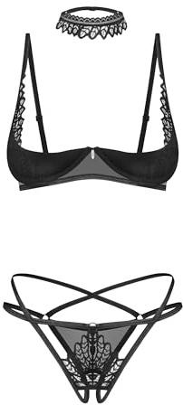 Selente Love & Fun Set di Lingerie da Donna Composto da Reggiseno, Slip, Choker e Esclusiva Benda in Satin, Made in EU (XS-S, Nero-Balconette Ouvert)