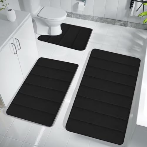 ARRITS Badezimmerteppich Set 3 Teilig, Memory Foam Badematte Set rutschfest Waschbar, Super Saugfähiger Weich Badvorleger Maschinenwaschbar und Toilettenmatte für Dusche, Badewanne und Wc (Schwarz)